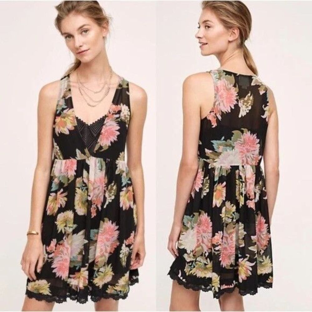 Anthropologie Maeve Women's Babydoll Dress Small Boho Violetta Floral Black $168